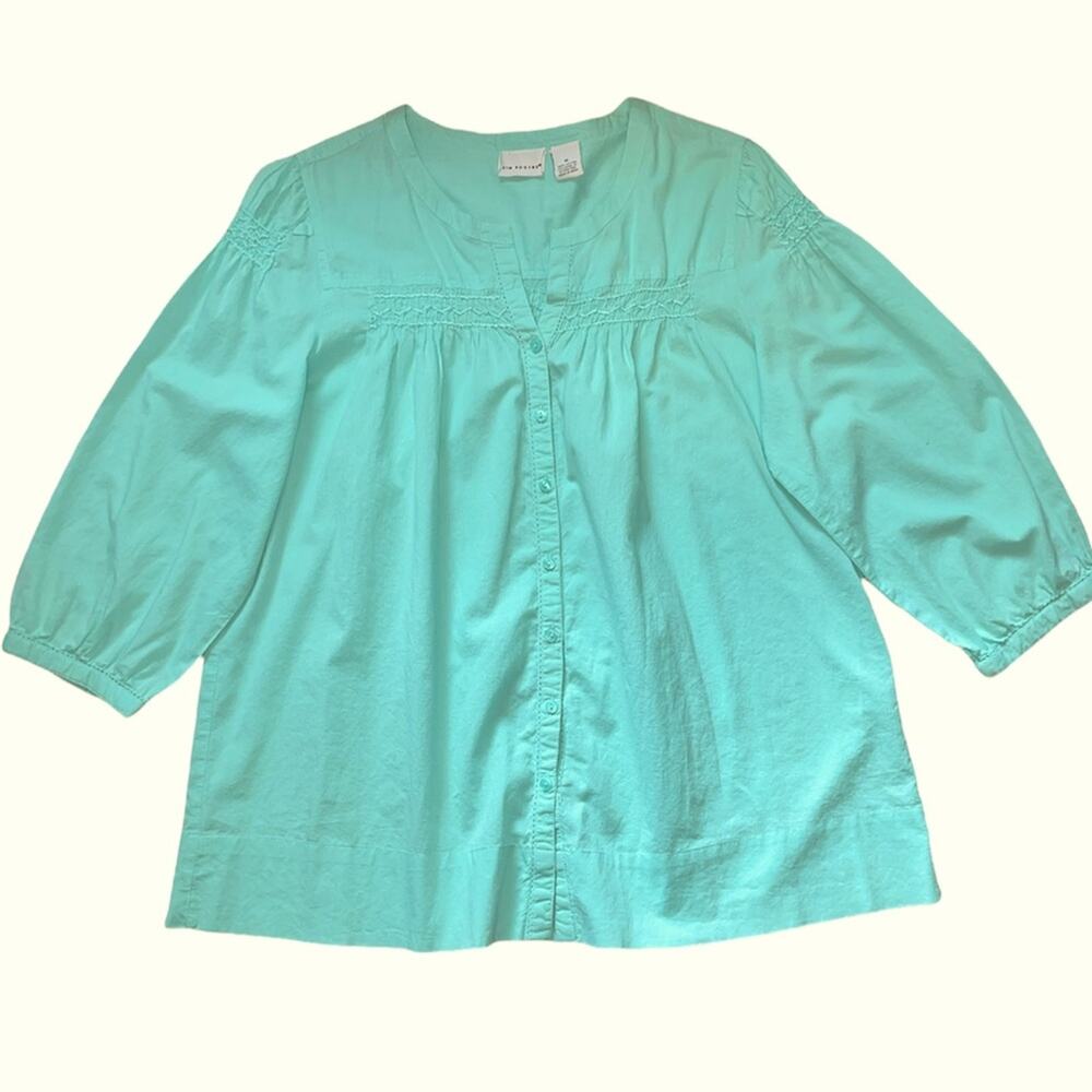 Kim Rogers 100% Cotton Blue Green Chameleon Button Front Mandarin Collar Top M